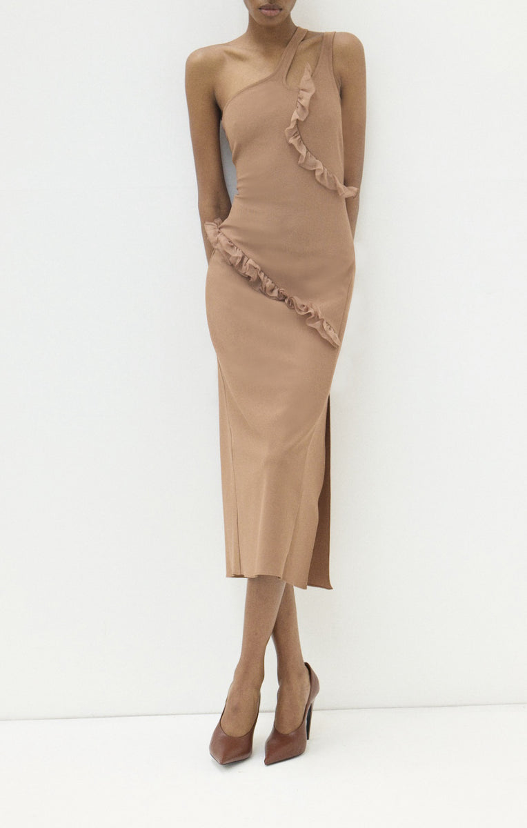NADIA ASYMMETRIC MIDI DRESS WITH FRILLED TRIM 38