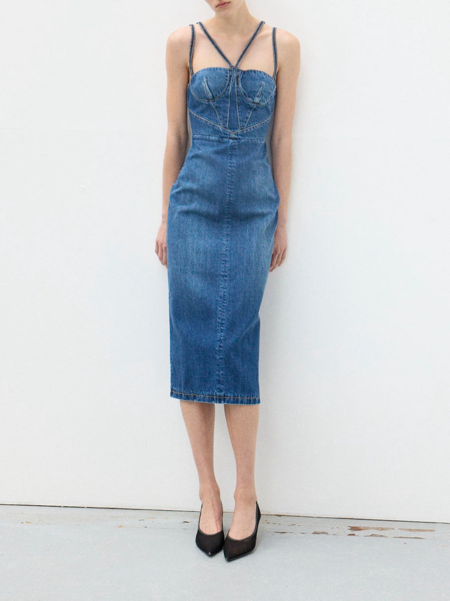 【関税込み】NENSI DOJAKA Denim dress NENSI DOJAKA Cutout paneled denim mini dress | NET-A-PORTER