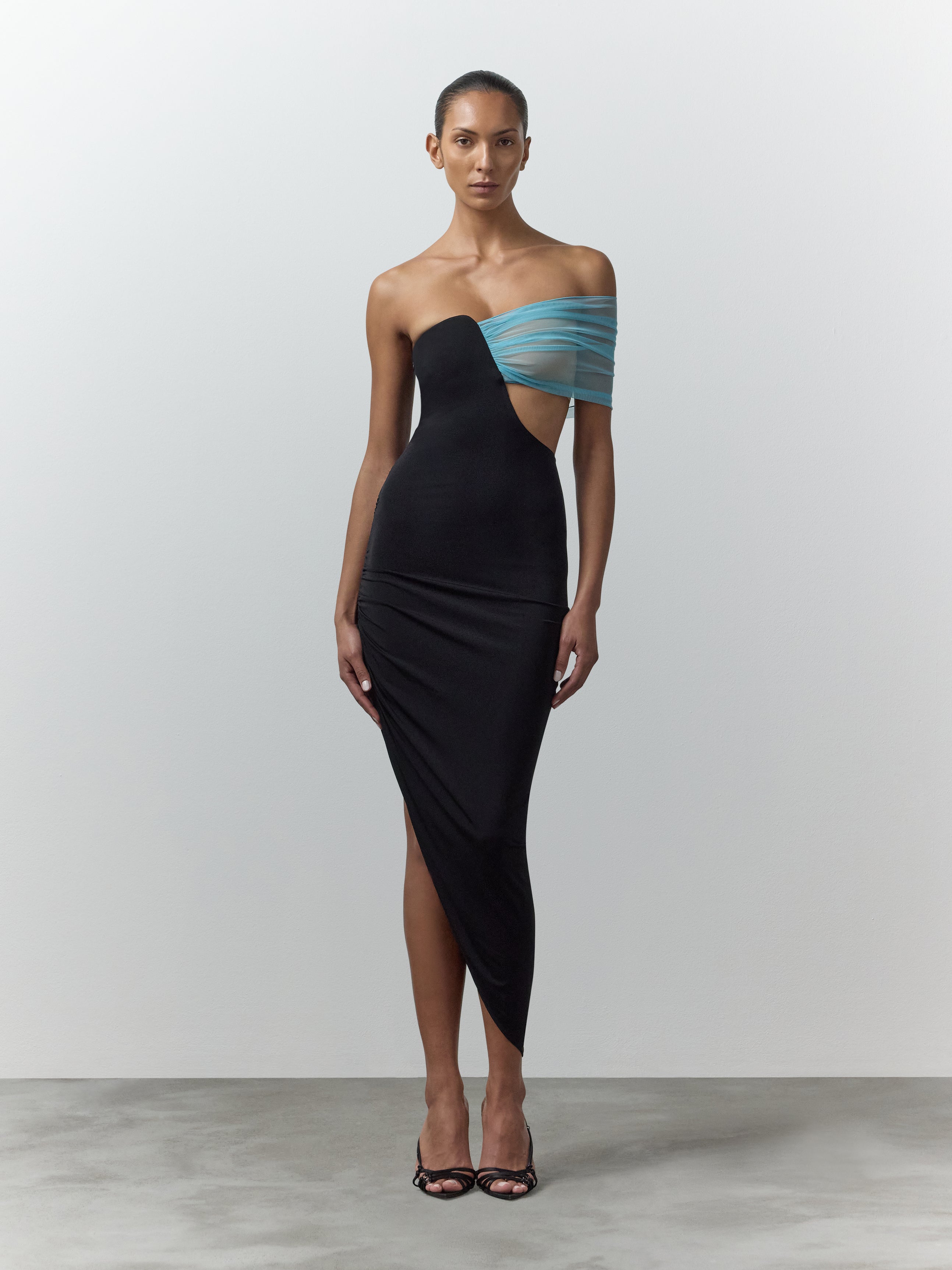Valentina Asymmetric Strapless Dress with Off-Shoulder Drape – Nensi
