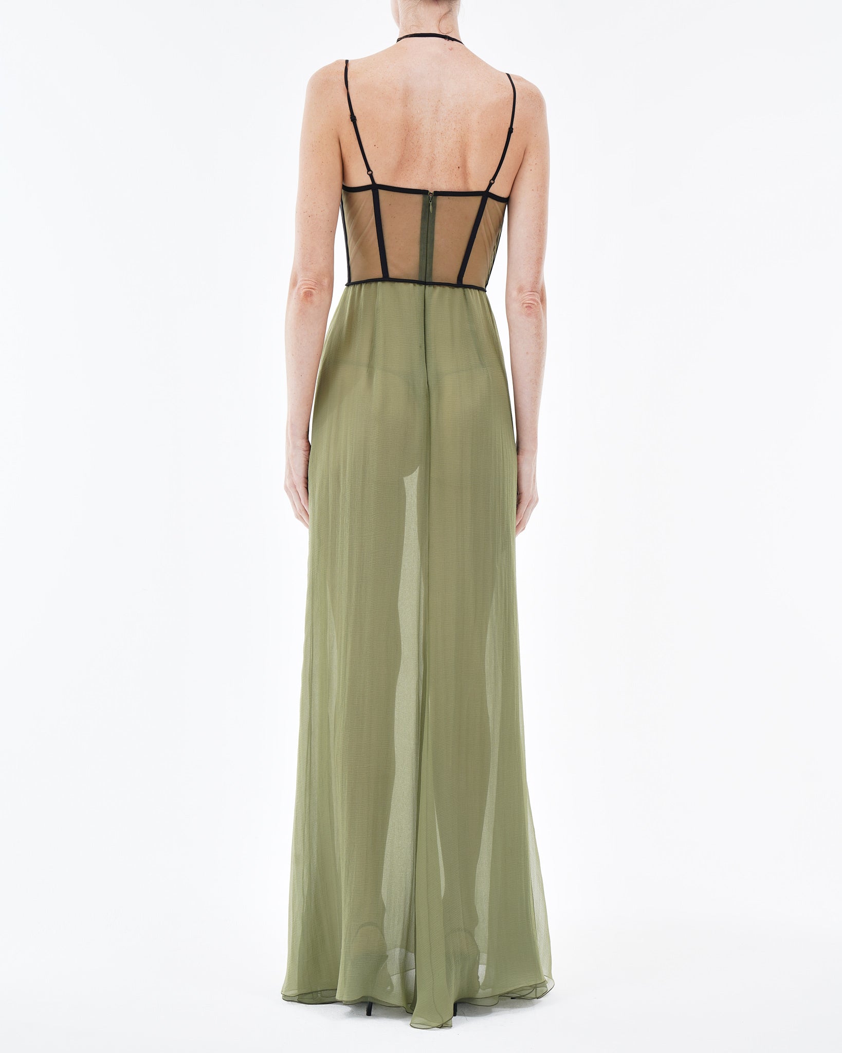 nensi dojaka green dress Nensi Dojaka Green And Beige Cut Out Sheer Panel Stretch Chiffon Mini Dress - Fawn Bluegrass